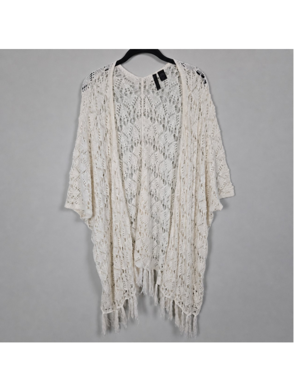 Womens Y2K Fringe Open Knit Kimono Small Ivory Festival Asymmetric Boho Country